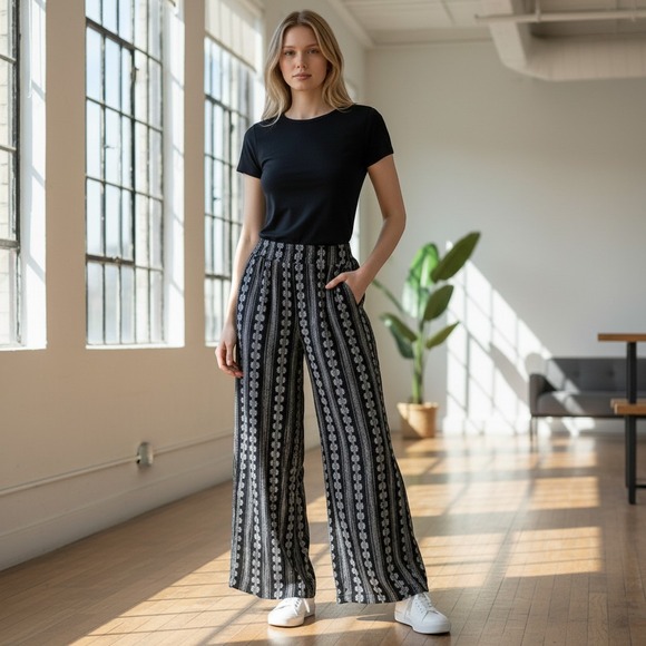 Three Dots Pants - Three Dots Wide Leg Pants Women Small Black Excellent Boho Striped Geometric
